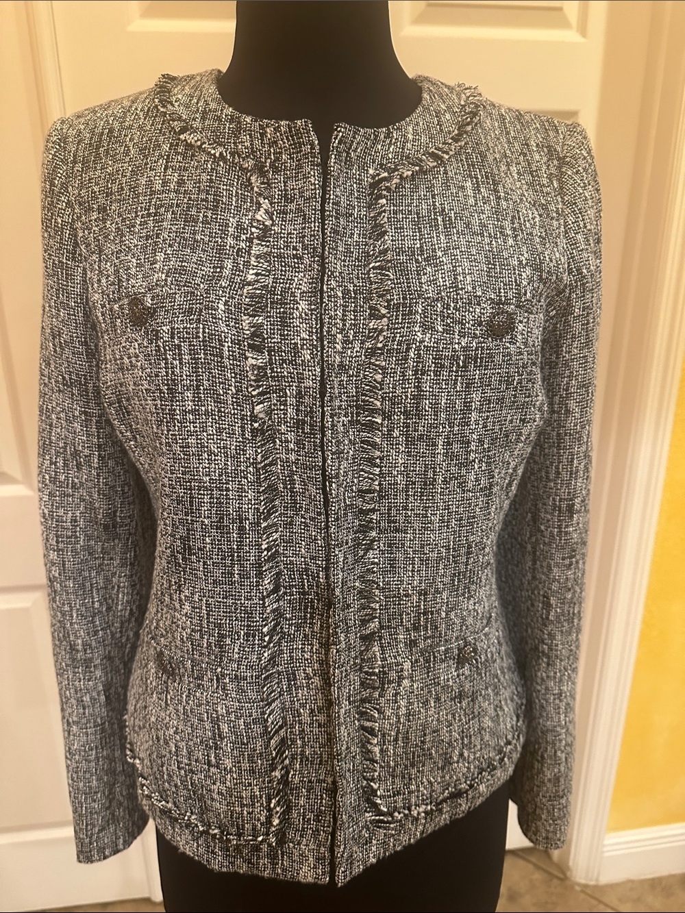 Karl Lagerfeld Black & White Tweed Fringe-Trim Jacket